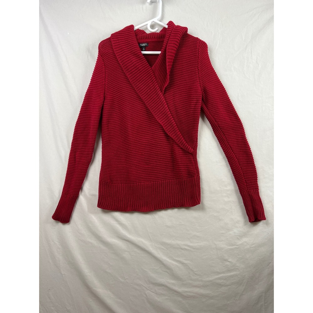 Talbots Wrap Front Sweater Women Size M Red Shawl Collar Chunky Knit Long Sleeve